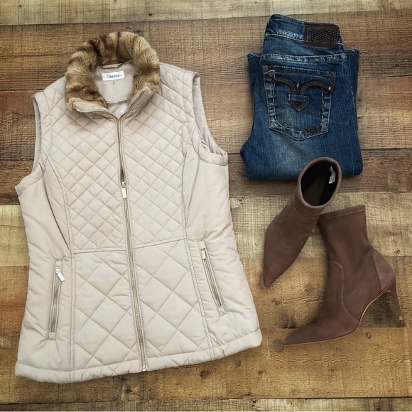 Jackets & Blazers - Quilted Zip Up Vest in Taupe,  Lt Gold Hardware by Calvin Klein
